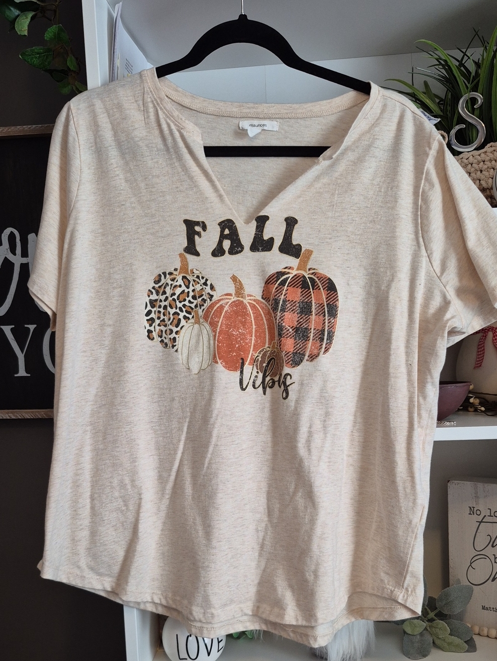 Maurices Beige Graphic 'Fall Vibes' Tee with Orange & Plaid Pumpkins